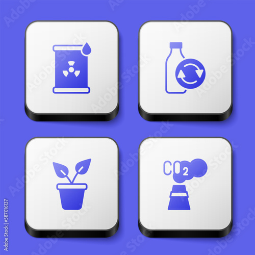 Set Radioactive waste in barrel, Recycling plastic bottle, Plant pot and CO2 emissions cloud icon. White square button. Vector