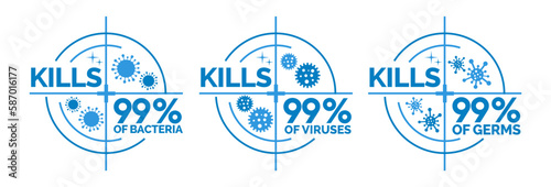 Kills 99.9% bacteria, germs and viruses . Antibacterial and antiviral defence, protection infection. Vector Illustration