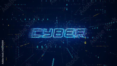 Abstract Futuristic Blue Shine Digital Space Cyber Lettering With Complex Binary Digital Code Matrix Particles Lines