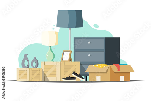 Personal products for sale on flea market, Digital marketing illustration.