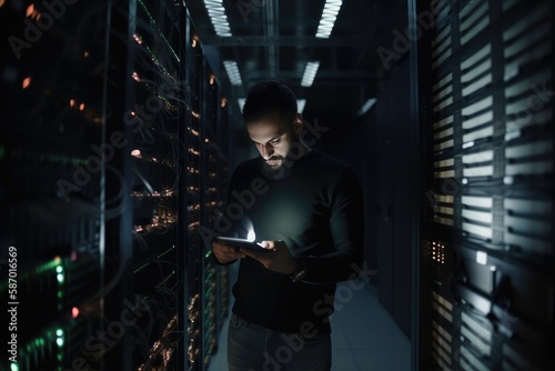 Portrait of man working with server cabinet in data center and using tablet generative AI