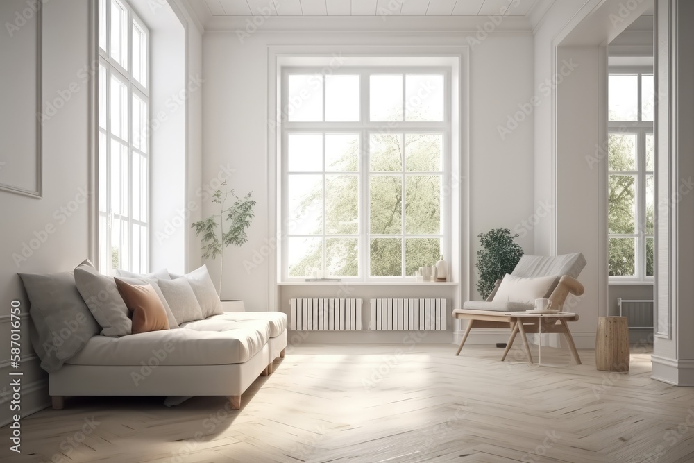 modern living room with a white sofa and large windows. Generative AI modern living room with a white sofa and large windows. Generative AI