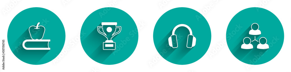 Set Book with apple, Award cup, Headphones and Online class icon with long shadow. Vector Set Book with apple, Award cup, Headphones and Online class icon with long shadow. Vector