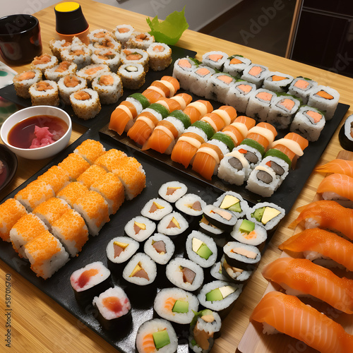 Plateau de sushis et makis, généré par IA