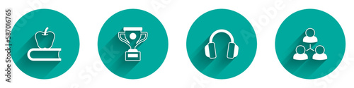 Set Book with apple, Award cup, Headphones and Online class icon with long shadow. Vector