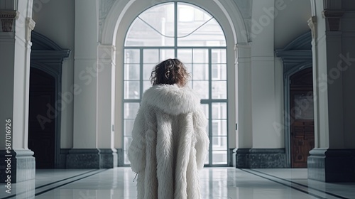 AI-Generated fashion model woman with curly hair in a fluffy jacket in a museum hall  (ID: 587016926)