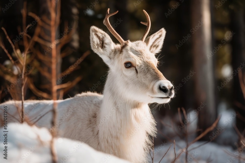 On a sunny, chilly winter day, a young white deer with stunning horns stands out against a backdrop of pine trees and snow. Generative AI On a sunny, chilly winter day, a young white deer with stunning horns stands out against a backdrop of pine trees and snow. Generative AI