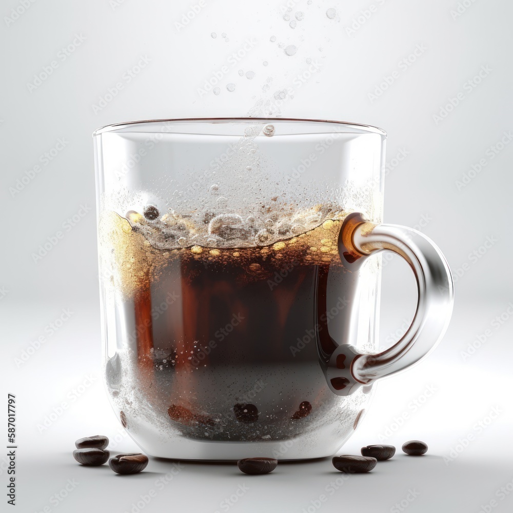 Cup of coffee with a few coffee beans on the side. The coffee is steaming and the cup is half full Cup of coffee with a few coffee beans on the side. The coffee is steaming and the cup is half full