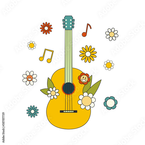 Guitar and flowers in the style of the 1970. Flat illustration in retro hippie style.