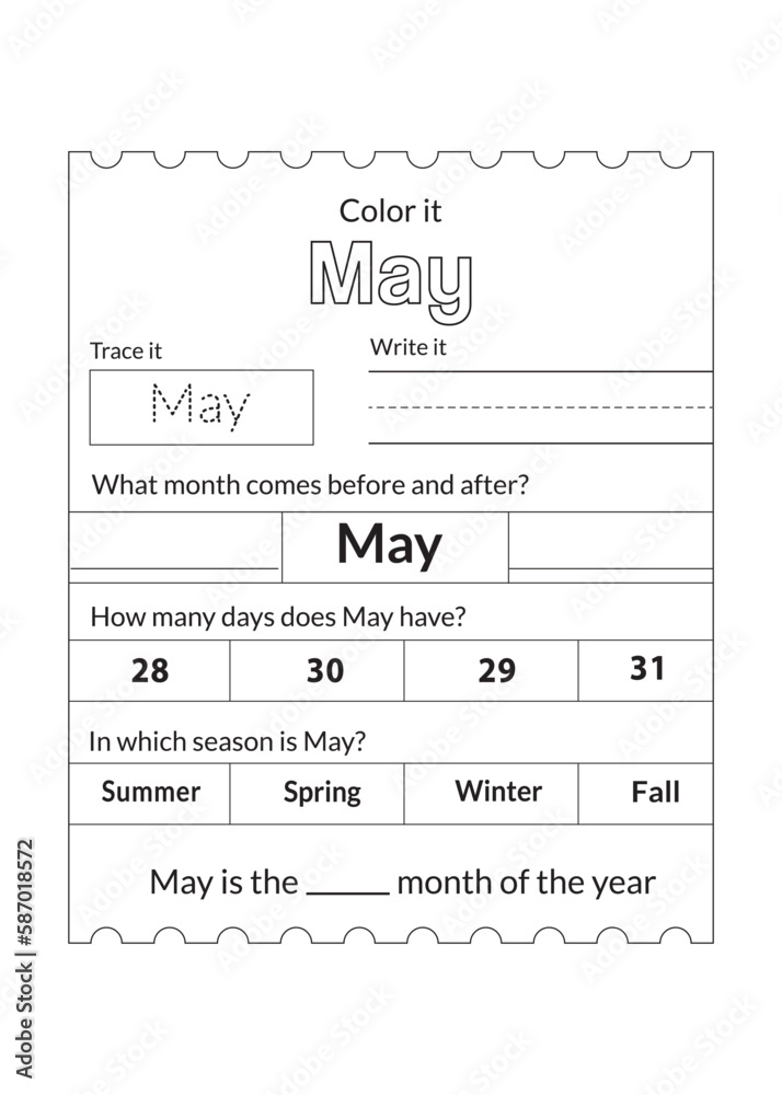 Days Of The Week and month Worksheet Stock Vector | Adobe Stock