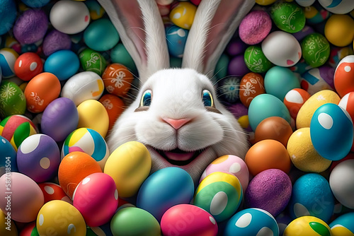 Easter white bunny hidden among many colorful eggs. Funny Easter concept. Generative Ai