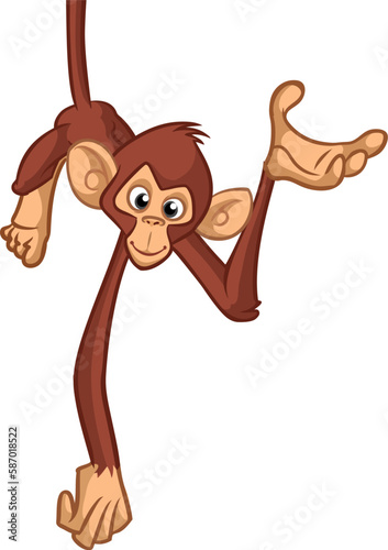 Cartoon monkey chimpanzee handing upside down on the tree branch. Vector illustration of happy monkey character