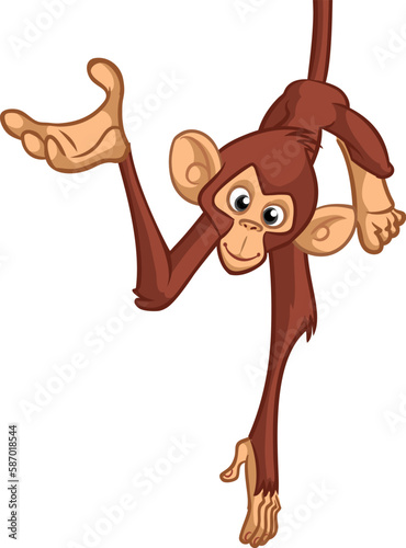 Cartoon monkey chimpanzee handing upside down on the tree branch. Vector illustration of happy monkey character