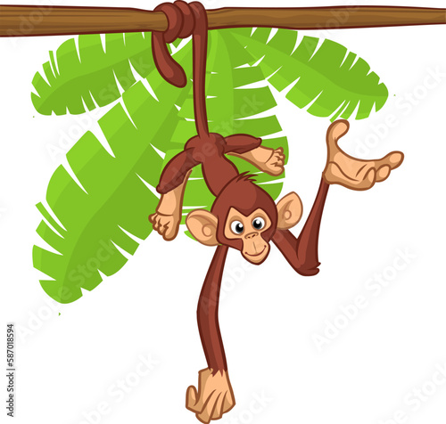 Cartoon monkey chimpanzee handing upside down on the tree branch. Vector illustration of happy monkey character