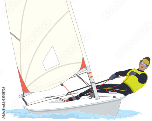 sailing female sailor leaning out in a Laser Radial dinghy sailboat on water isolated on white background