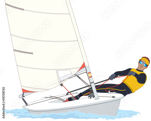sailing male sailor leaning out in a Laser Standard dinghy sailboat on water isolated on white background