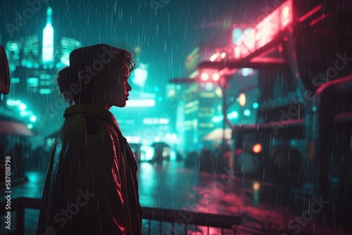 Woman in rainy city at night