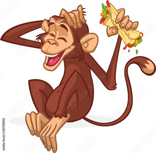 Cartoon funny monkey chimpanzee holding falafel or kebab in his hands. Vector illustration of happy monkey character design isolated
