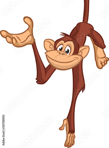 Cartoon monkey chimpanzee handing upside down on the tree branch. Vector illustration of happy monkey character