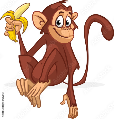 Cartoon monkey chimpanzee holding and eating banana. Vector illustration of happy monkey character design isolated