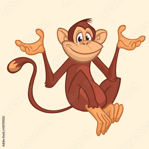 Cartoon monkey chimpanzee waving hands. Vector illustration of happy monkey character