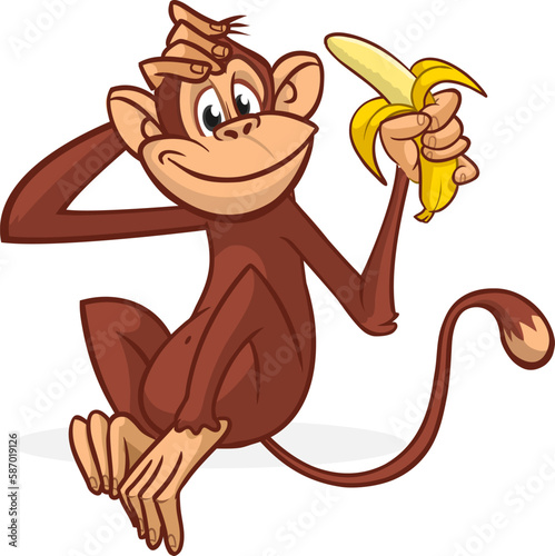 Cartoon monkey chimpanzee holding and eating banana. Vector illustration of happy monkey character design isolated