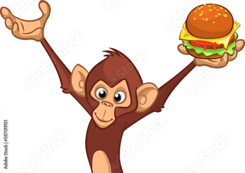 Cartoon funny monkey chimpanzee holding hamburger of cheeseburger in his hands. Vector illustration of happy monkey character design isolated