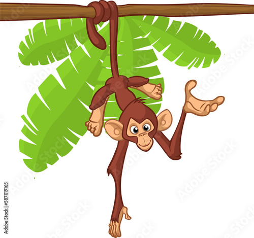 Cartoon monkey chimpanzee handing upside down on the tree branch. Vector illustration of happy monkey character