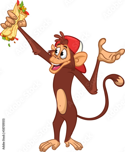 Cartoon funny monkey chimpanzee holding falafel or kebab in his hands. Vector illustration of happy monkey character design isolated