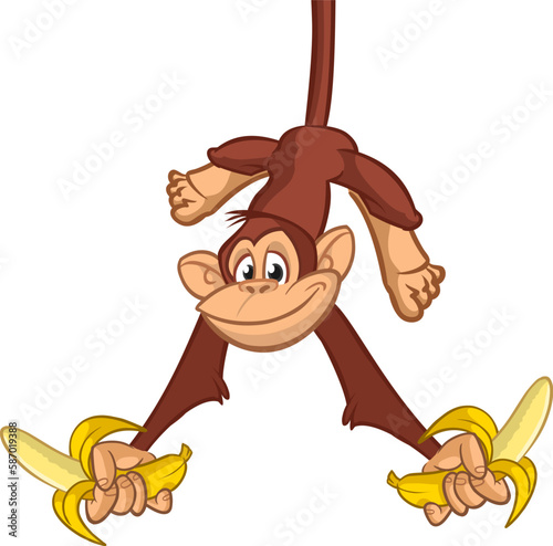 Cartoon monkey chimpanzee holding and eating banana. Vector illustration of happy monkey character design isolated