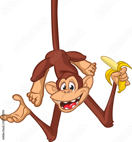 Cartoon monkey chimpanzee holding and eating banana. Vector illustration of happy monkey character design isolated