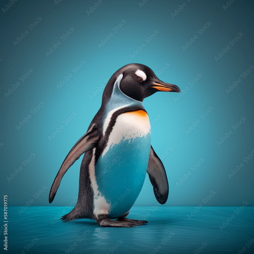 Obraz premium Penguin on blue background. Generative AI.