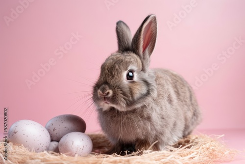 Easter bunny rabbit on a pink background holding a decorated egg. holiday concept for Easter. Generative AI