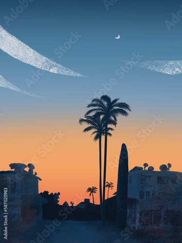 Cyprus-inspired palm tree silhouette sunset with clear sky, moon, and hotels