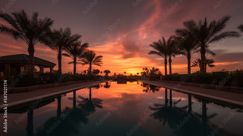 Outdoor luxury sunset over infinity pool swimming. Generative Ai