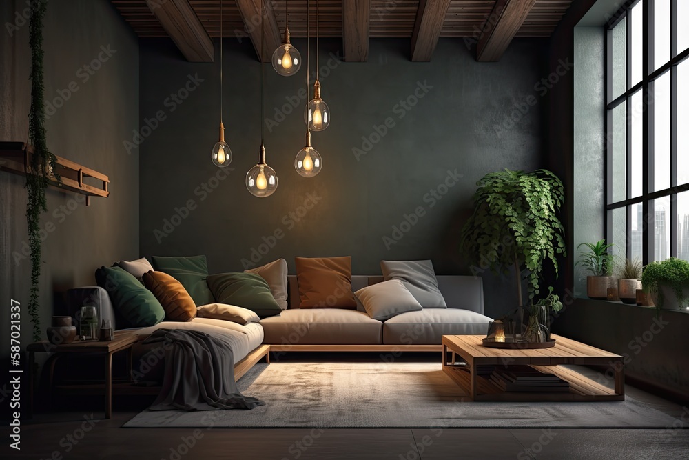 Loft with brown couch and decorations in dark room. Generative AI Loft with brown couch and decorations in dark room. Generative AI