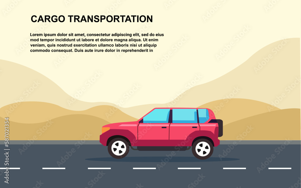 Red travel car isolated on highway in the desert and mountains nature background. vector illustration. Red travel car isolated on highway in the desert and mountains nature background. vector illustration.