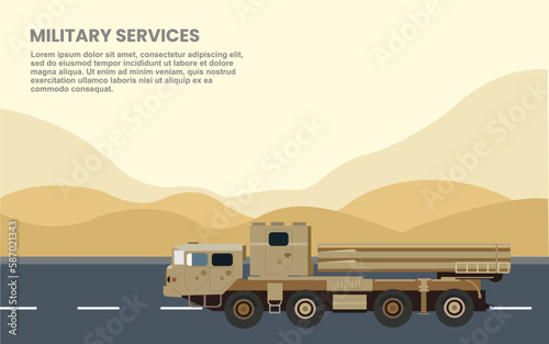 Military's services isolated on highway in the desert and mountains nature background. vector illustration