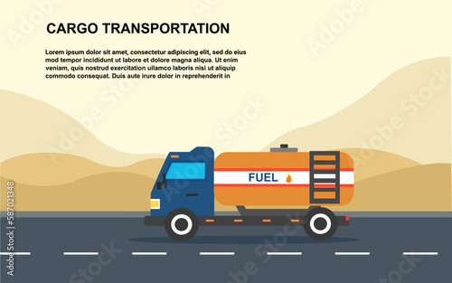 Fuel delivery services isolated on highway in the desert and mountains nature background. vector illustration.
