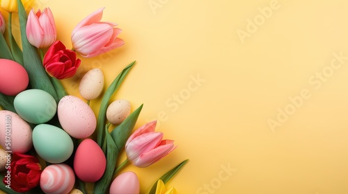 Happy easter holiday celebration background with tulips and decorative eggs