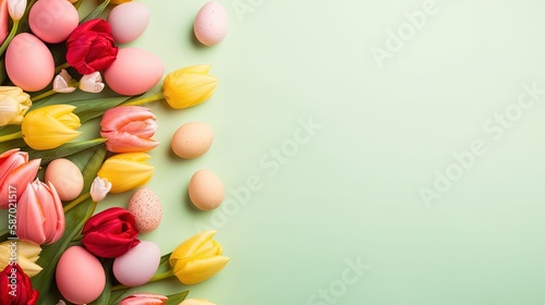 Happy easter holiday celebration background with tulips and decorative eggs in various colors