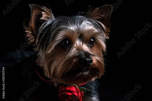 On a black background, a cute Yorkshire terrier with a red ribbon and rose. Generative AI