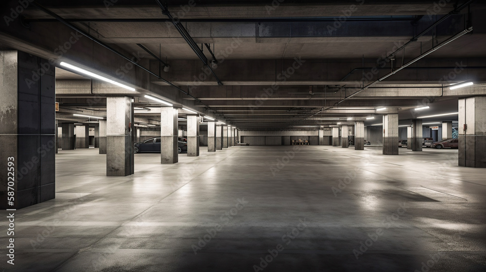 Empty shopping mall underground parking lot or garage interior with concrete stripe painted columns. Generative Ai