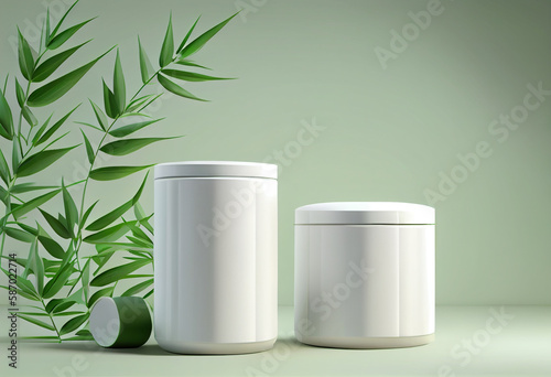 White jar of cream on a stand on a green background with tropical leaves . Stylish look of the product, mock up, identity. AI Generated