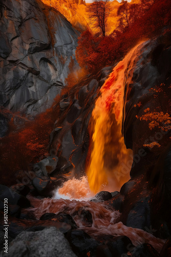glowing waterfall in autumn landscape