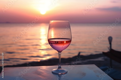glass of pink wine on table at sunset by sea