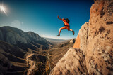 climber jumping from mountain