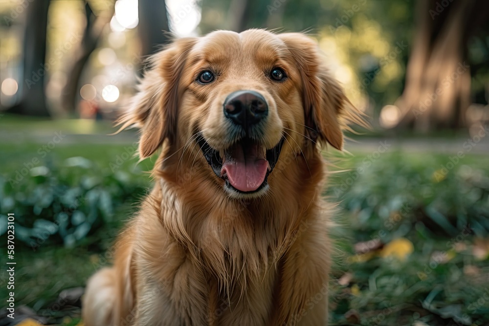 one gorgeous golden retriever dog on the grass looking at the camera at a park with green trees in the background. Generative AI