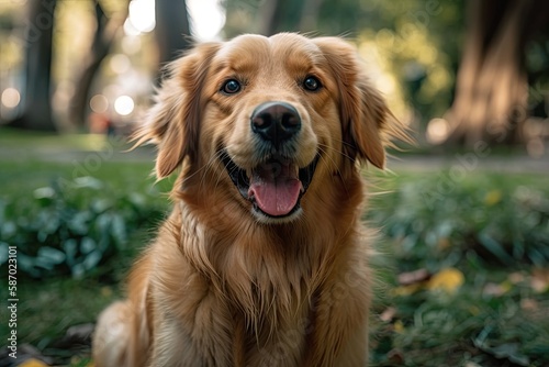 one gorgeous golden retriever dog on the grass looking at the camera at a park with green trees in the background. Generative AI