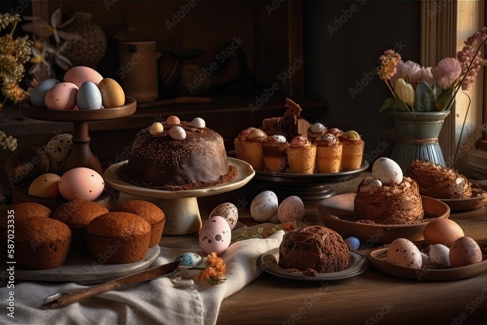 dessert table with a variety of cakes and sweets. Generative AI